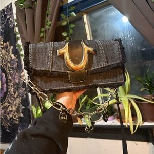 True Religion Black Denim Crossbody Bag with Gold Hardware
